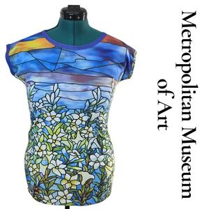Metropolitan Museum Art Stained Glass Floral Print T Shirt Top Size Large